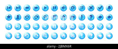Kreis-Tasten mit blauen Gelee-Textur und Symbole für Spiel-Menü oder Website. Vektor-Cartoon-Set von ui-Elemente aus Wasser mit Blasen, glänzende Web-Icons Stock Vektor