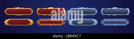 Holzknöpfe mit Gold- und Silberrahmen für das Spiel-ui-Design. Vektor Cartoon Satz von leeren Rechteck-Tasten mit Holz-Textur und Gold und Metall bo Stock Vektor