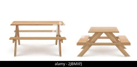 Holzpicknicktisch mit langen Bänken 3D realistischer Vektor. Camping, Garten oder Park Holzmöbel mit Sitz für Grill, Front-und Seitenansicht isoliert Stock Vektor