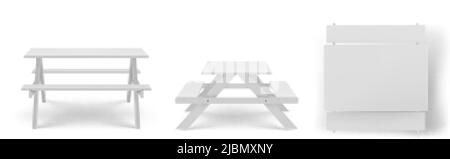Weißer Holzpicknicktisch mit langen Bänken 3D realistischer Vektor. Camping, Garten oder Park Holzmöbel für Grill mit Sitz, isoliert auf Hintergrund Stock Vektor