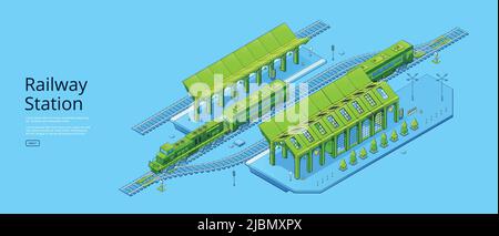 Bahnhofsposter mit isometrischer Bahnstrecke, Zug und Bahnsteig. Vector Banner der Zugverkehrsinfrastruktur mit leerem modernen Bahnhof, Stock Vektor