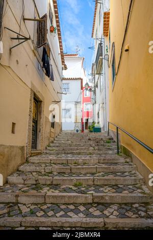 Eine attraktive Kopfsteinpflasterstraße liegt zwischen Reihen alter Häuser im Zentrum von Lissabon, der Hauptstadt Portugals Stockfoto