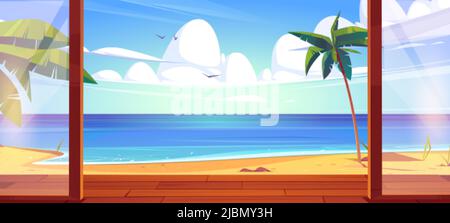Bungalow mit Holzterrasse am tropischen Sandstrand. Vektor-Cartoon-Illustration der Sommer-Ozean-Küstenlandschaft mit Palmen und Hausterrasse mit g Stock Vektor