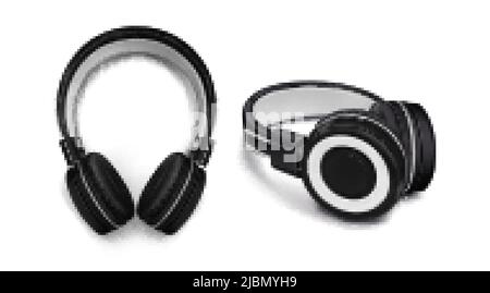 Kopfhörer zum Musikhören, DJ-Audio-Headset auf weißem Hintergrund isoliert. Vector realistisches Set von 3D schwarzen Stereo-Ohrhörern, Zubehör mit Sound sp Stock Vektor