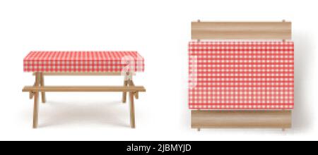 Holzpicknicktisch mit langen Bänken und rot-weiß karierter Tischdecke 3D realistischer Vektor. Camping, Garten oder Park Holzmöbel zum Grillen mit Stock Vektor