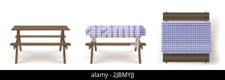 Hölzerner Picknicktisch mit langen Bänken und lila weiß karierter Tischdecke 3D realistische Vektor. Camping, Garten oder Park Holzmöbel für Grill w Stock Vektor