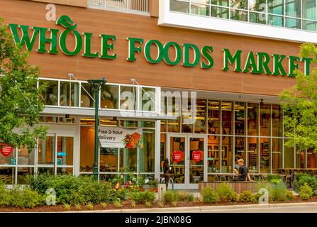 Die Außenfassade des Whole Foods Market und die Logos in grünen Buchstaben auf einem Holzhintergrund mit Glasfenstern, Grünpflanzen und Glastüren. Stockfoto