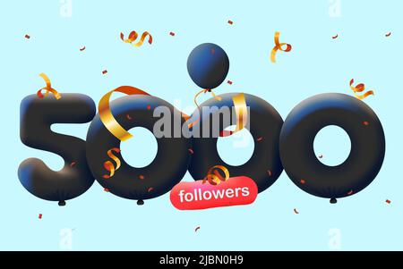 Banner mit 5K Followern bedanken sich in Form von 3D schwarzen Ballons und bunten Konfetti. Vektor-Illustration 3D Zahlen für Social Media 5000 Follower Danke, Blogger feiert Abonnenten, Gefällt mir Stock Vektor