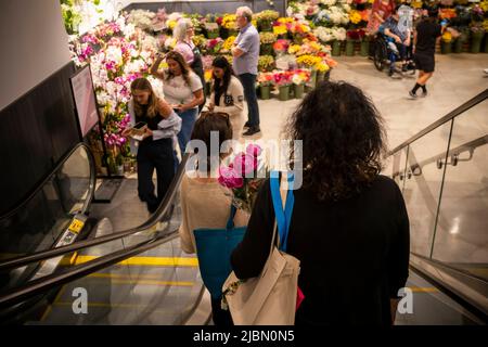 Einkaufen bei der Eröffnung des Whole Foods Market Nomad Supermarkts in New York am Mittwoch, den 1. Juni 2022. US-Finanzminister Janet Yellen kündigte an, dass sie irrtümlich vorweggenommen habe, wie lange die Inflation eine Geißel für die Verbraucher sein würde. (© Richard B. Levine) Stockfoto