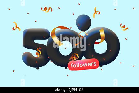 Banner mit 500 Followern bedanken sich in Form von 3D schwarzen Ballons und bunten Konfetti. Vektor-Illustration 3D Zahlen für Social Media 500 Follower Danke, Blogger feiert Abonnenten, Gefällt mir Stock Vektor