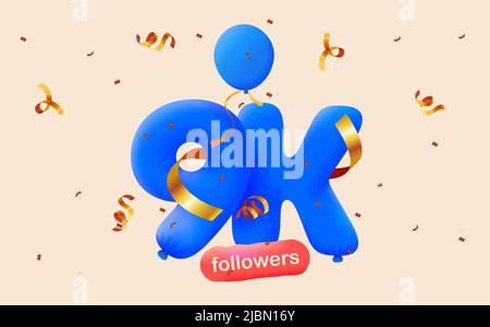 Banner mit 9K Followern bedanken sich in Form von 3D blauen Ballons und bunten Konfetti. Vektor-Illustration 3D Zahlen für Social Media 9000 Follower Danke, Blogger feiert Abonnenten, Gefällt mir Stock Vektor