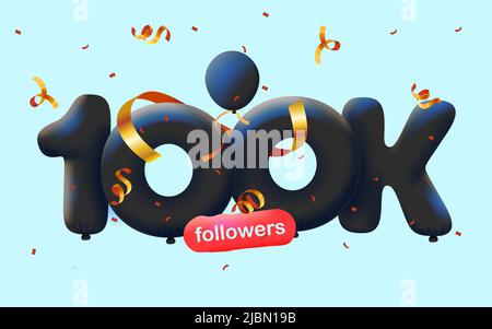 Banner mit 100K Followern bedanken sich in Form von 3D schwarzen Ballons und bunten Konfetti. Vektor-Illustration 3D Zahlen für Social Media 100000 Follower Danke, Blogger feiert Abonnenten, Gefällt mir Stock Vektor