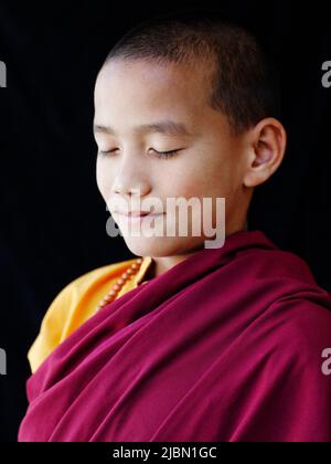 Porträt eines jungen tibetisch-buddhistischen Mönchs. Mcleod Ganj, Dharamsala, Indien. Stockfoto