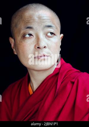 Porträt einer tibetisch-buddhistischen Nonne. Mcleod Ganj, Dharamsala, Indien Stockfoto