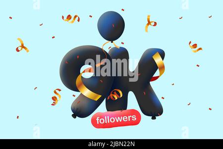 Banner mit 9K Followern bedanken sich in Form von 3D schwarzen Ballons und bunten Konfetti. Vektor-Illustration 3D Zahlen für Social Media 9000 Follower Danke, Blogger feiert Abonnenten, Gefällt mir Stock Vektor