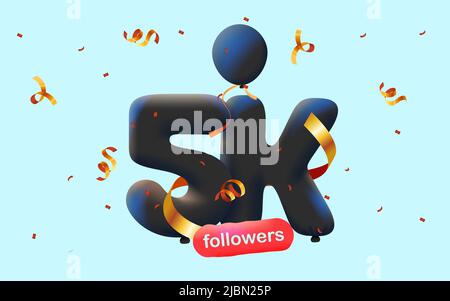 Banner mit 5K Followern bedanken sich in Form von 3D schwarzen Ballons und bunten Konfetti. Vektor-Illustration 3D Zahlen für Social Media 5000 Follower Danke, Blogger feiert Abonnenten, Gefällt mir Stock Vektor