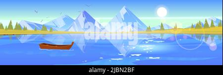 Sommerlandschaft mit See mit Holzboot, Bergen und Bäumen. Vektor-Cartoon-Illustration der Naturlandschaft mit Fluss, Wald und grünes Gras auf Stock Vektor