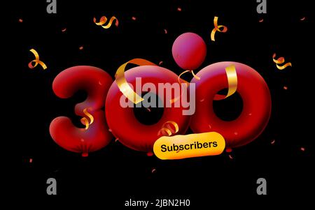 Banner mit 300 Followern bedanken sich in Form von 3D roten Ballons und bunten Konfetti. Vektor-Illustration 3D Zahlen für Social Media 300 Follower Danke, Blogger feiert Abonnenten, Gefällt mir Stock Vektor