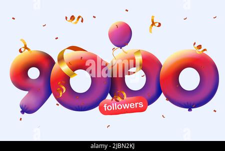 Banner mit 9K Followern bedanken sich in Form von 3D roten Ballons und bunten Konfetti. Vektor-Illustration 3D Zahlen für Social Media 9000 Follower Danke, Blogger feiert Abonnenten, Gefällt mir Stock Vektor