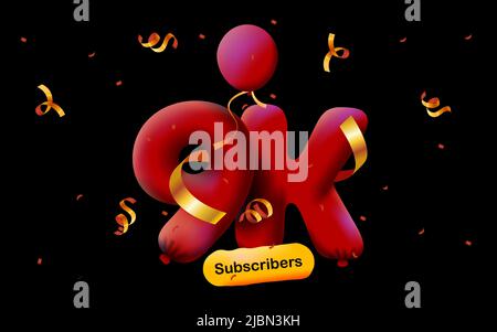 Banner mit 9K Followern bedanken sich in Form von 3D roten Ballons und bunten Konfetti. Vektor-Illustration 3D Zahlen für Social Media 9000 Follower Danke, Blogger feiert Abonnenten, Gefällt mir Stock Vektor