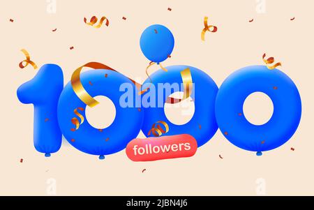 Banner mit 1K Followern bedanken sich in Form von 3D blauen Ballons und bunten Konfetti. Vektor-Illustration 3D Zahlen für Social Media 1000 Follower Danke, Blogger feiert Abonnenten, Gefällt mir Stock Vektor