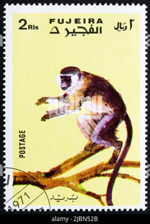 FUJEIRA - UM 1972: Eine im Fujeira gedruckte Marke zeigt Affen, Serie Affen, um 1972 Stockfoto