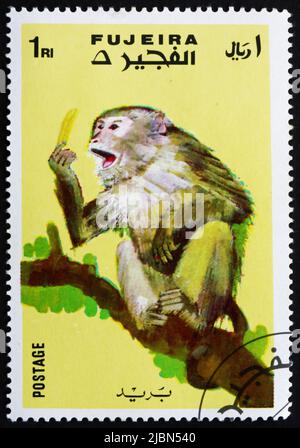 FUJEIRA - UM 1972: Eine im Fujeira gedruckte Marke zeigt Affen, Serie Affen, um 1972 Stockfoto