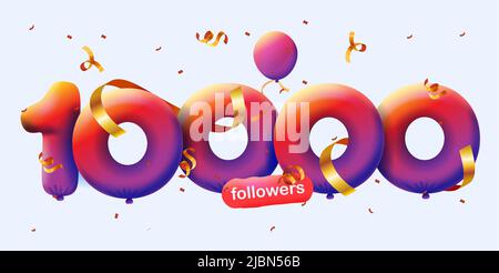 Banner mit 10K Followern bedanken sich in Form von 3D roten Ballons und bunten Konfetti. Vektor-Illustration 3D Zahlen für Social Media 10000 Follower Danke, Blogger feiert Abonnenten, Gefällt mir Stock Vektor