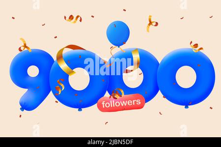 Banner mit 9K Followern bedanken sich in Form von 3D blauen Ballons und bunten Konfetti. Vektor-Illustration 3D Zahlen für Social Media 9000 Follower Danke, Blogger feiert Abonnenten, Gefällt mir Stock Vektor
