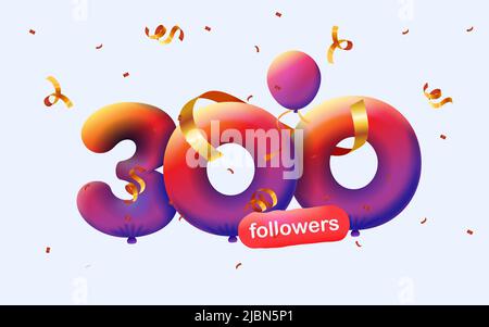 Banner mit 300 Followern bedanken sich in Form von 3D roten Ballons und bunten Konfetti. Vektor-Illustration 3D Zahlen für Social Media 300 Follower Danke, Blogger feiert Abonnenten, Gefällt mir Stock Vektor