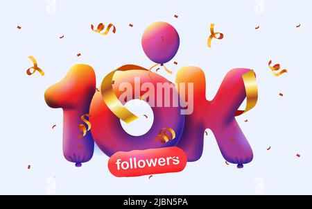 Banner mit 10K Followern bedanken sich in Form von 3D roten Ballons und bunten Konfetti. Vektor-Illustration 3D Zahlen für Social Media 10000 Follower Danke, Blogger feiert Abonnenten, Gefällt mir Stock Vektor