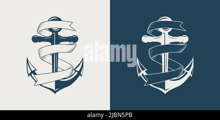 Vektor von Hand gezeichnete Anker mit isolierten Ribbons. Designvorlage für Tattoos, Tshirt, Logo, Labels. Anker mit Band. Antikes Vintage Marine Stock Vektor