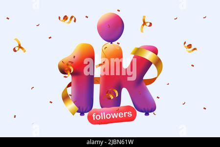 Banner mit 1K Followern bedanken sich in Form von 3D roten Ballons und bunten Konfetti. Vektor-Illustration 3D Zahlen für Social Media 1000 Follower Danke, Blogger feiert Abonnenten, Gefällt mir Stock Vektor