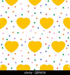 Niedliches nahtloses Muster mit handgezeichneten gelben Herzen, hellen, farbenfrohen Punkten. Herzen und Tupfen. Valentinstag Hintergrund. Festliches Muster für Stock Vektor