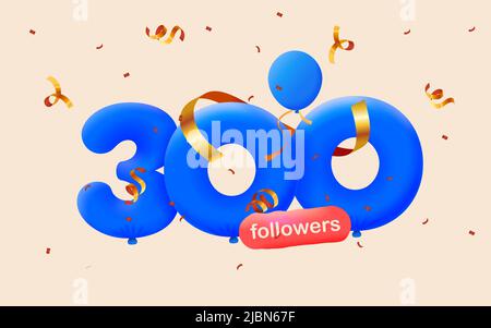 Banner mit 300 Followern bedanken sich in Form von 3D blauen Ballons und bunten Konfetti. Vektor-Illustration 3D Zahlen für Social Media 300 Follower Danke, Blogger feiert Abonnenten, Gefällt mir Stock Vektor