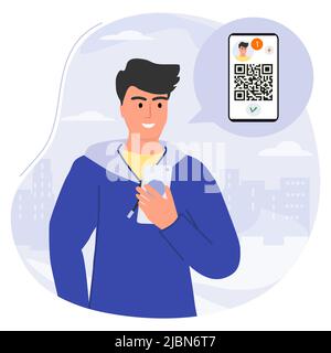 Vektorgrafik der Mensch nutzt die Handy-App, um QR-Code zu scannen. Barcodeleser. Bargeldlose Technologie. Digitales Geld. QR-Code-Zahlung. Grüner Pass. Vaccinat Stock Vektor