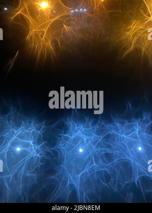 Komplexe Fraktale aus funkelnden blauen und goldenen Farben auf schwarzem Hintergrund. Stockfoto