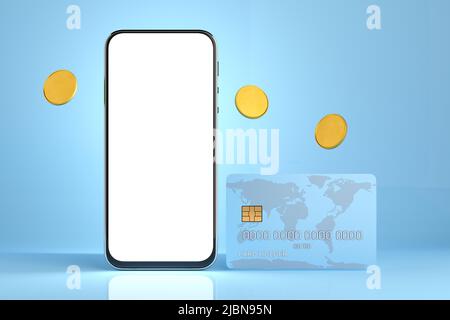 Weißer Bildschirm des Smartphones. Mobiles Zahlungskonzept. Plastikkarte für Online-Zahlungen. 3D Rendern. Stockfoto