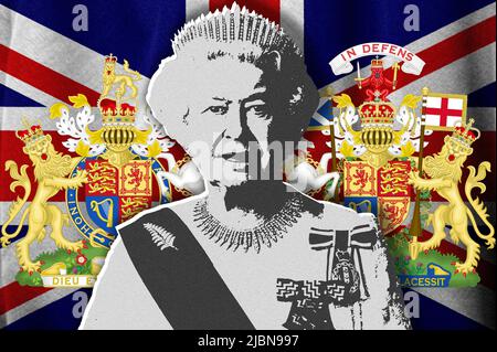 Königin Elizabeth II., Wappen und Flagge des Vereinigten Königreichs Stockfoto