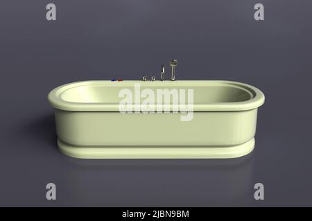 Holzbadewanne isoliert auf dunklem Hintergrund, 3D Rendering. Stockfoto