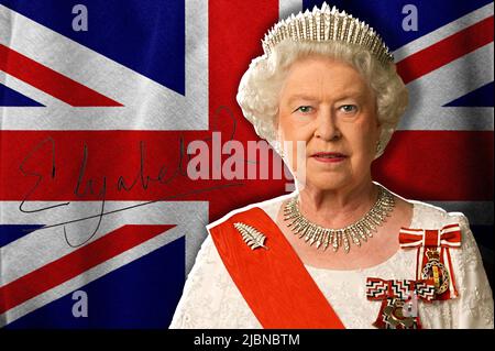 Königin Elizabeth II., Unterschrift und Flagge des Vereinigten Königreichs Stockfoto