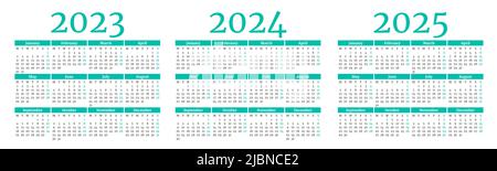 Set aus türkisfarbenen und weißen Monatskalendervorlagen für 2023, 2024, 2025 Jahre. Die Woche beginnt am Montag. Album Layout Kalender in einem minimalistischen Stil. Stock Vektor