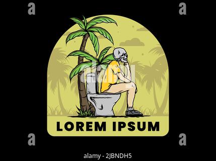 Skelett Mann sitzen auf Outdoor-Toilette Illustration Zeichnung Design Stock Vektor