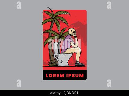 Skelett Mann sitzen auf Outdoor-Toilette Illustration Zeichnung Design Stock Vektor