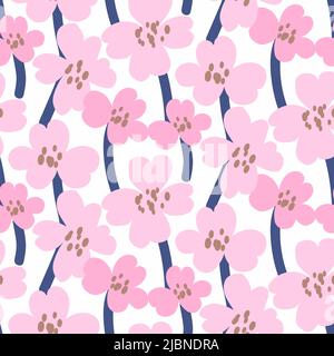 Auffällige rosa Blüten auf weißem, nahtlosem Muster im Frühling. Stock Vektor