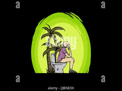 Skelett Mann sitzen auf Outdoor-Toilette Illustration Zeichnung Design Stock Vektor