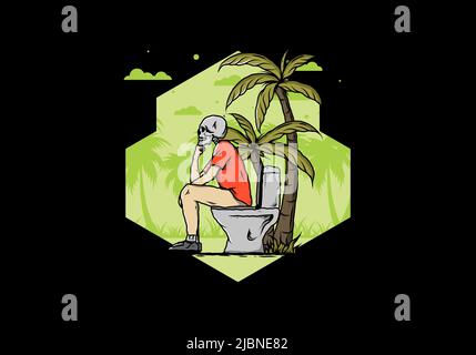 Skelett Mann sitzen auf Outdoor-Toilette Illustration Zeichnung Design Stock Vektor