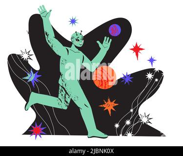 Lustige Raum außerirdisch grün humanoid zwischen Raum-Objekte und Planeten, flache Vektor-Illustration isoliert auf weißem Hintergrund. Universumserforschung und Raumforschung Stock Vektor