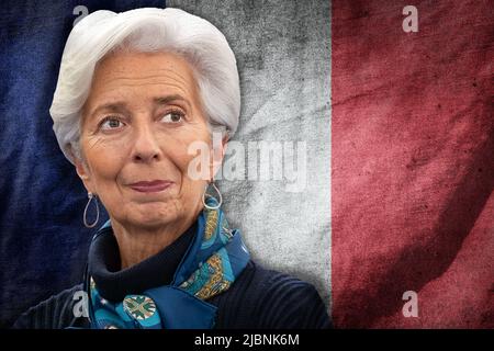 Christine Lagarde und die französische Flagge Stockfoto