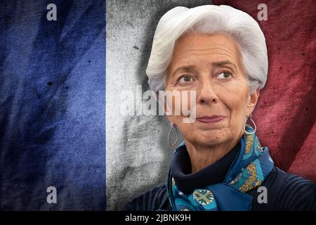 Christine Lagarde und die französische Flagge Stockfoto